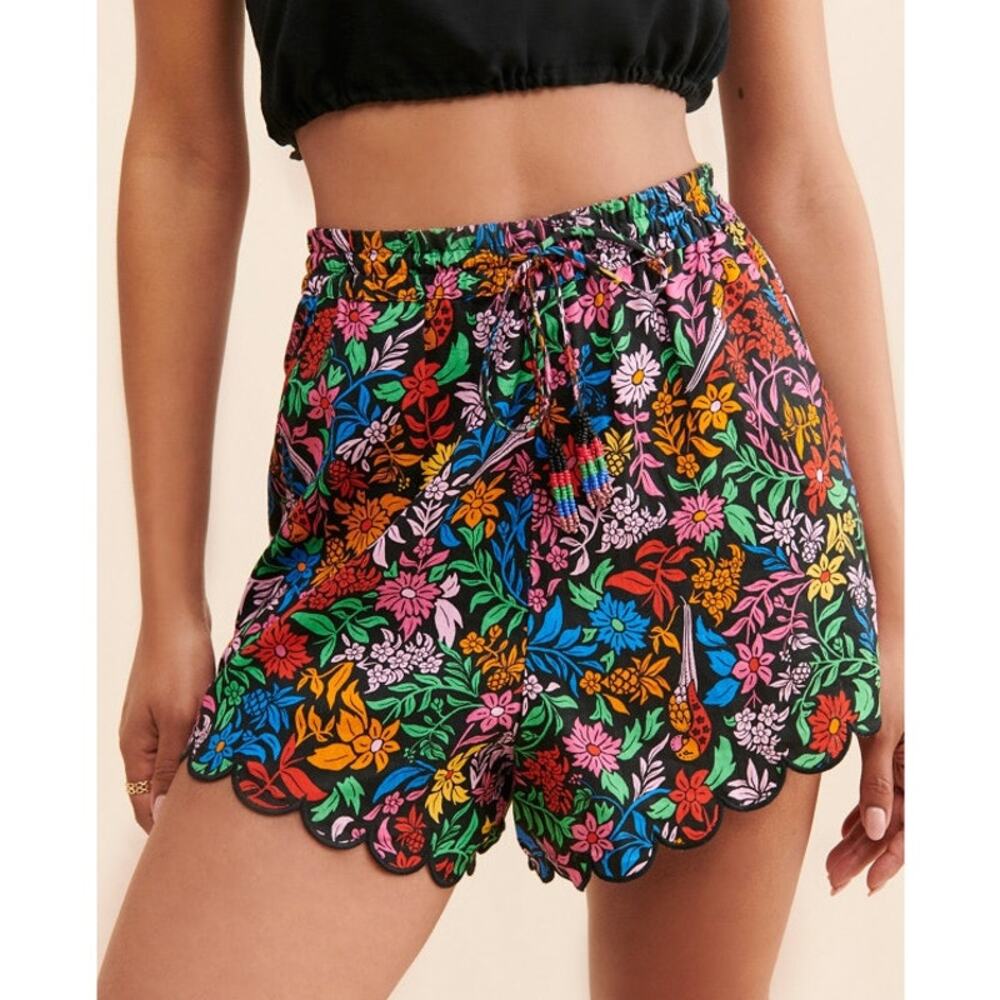 Farm Rio Tropical Garden Black Floral Linen Shorts Size Large